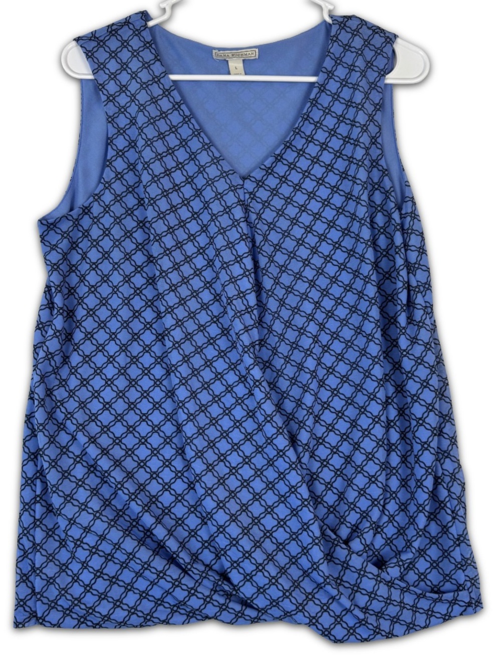 Dana Buchman Sleeveless Blouse Womens L Large Blue Black‎ Geo Draped Wrap Front